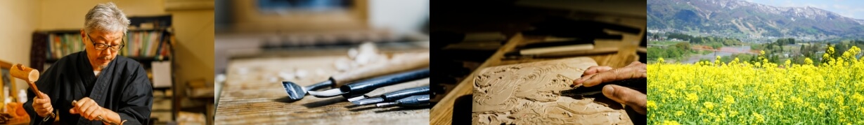 木彫り職人と飯山の自然の写真