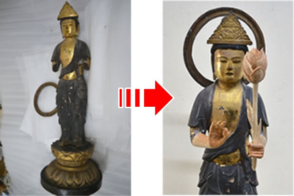観音菩薩の木彫の修復前、修復後の写真
