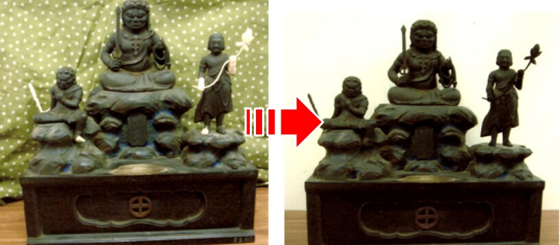 木彫の仏像の修復前、修復後の写真
